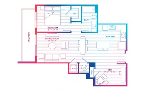Floor plan for 1 bed, 1 bath, 800 sqft